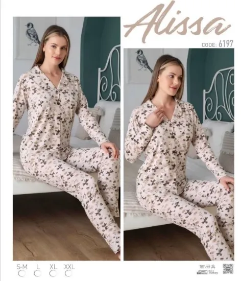 Alissa 6197 Bayan Önü Düğmeli Desenli Pijama Takımı resmi