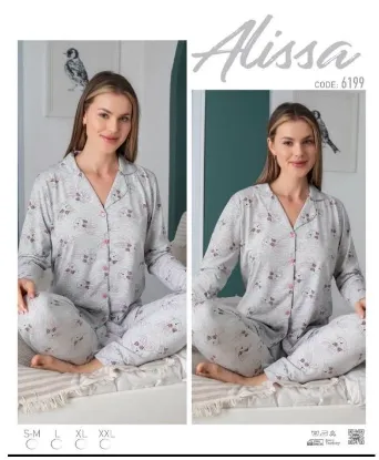 Alissa 6199 Bayan Önü Düğmeli Desenli Pijama Takımı resmi