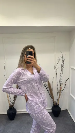 Alissa 6166 Bayan Önü Düğmeli Desenli Pijama Takımı resmi