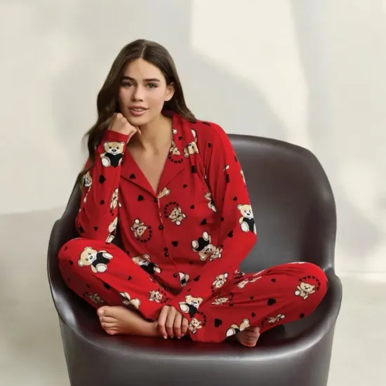 Pijamoni 5660 Kadın Ayıcık Desenli Gömlek Yaka Pijama Takımı resmi