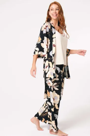 Anıl 5796 Çiçek Desenli Dantel Detaylı Sabahlıklı Pijama Takımı resmi