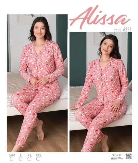 Alissa 6231 Bayan Önü Düğmeli Kedi Desenli Pijama Takımı resmi