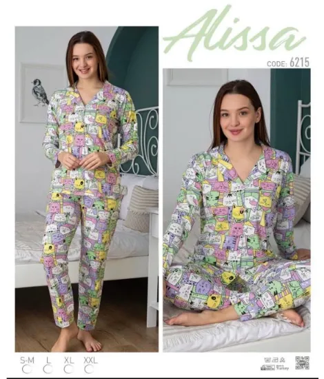 Alissa 6215 Bayan Önü Düğmeli Desenli Uzun Kol  Pijama Takımı resmi