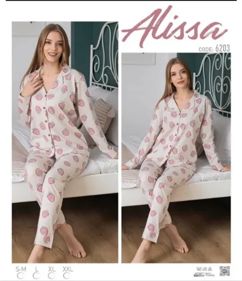 Alissa 6203 Kadın Patlı Çilek Desenli Uzun Kol Pijama Takımı resmi