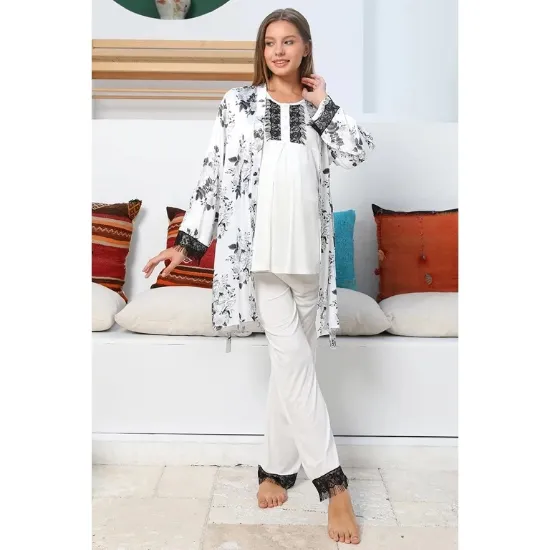 Mommysh 55711 Kadın Lohusa Saten Sabahlıklı Pijama Takımı resmi