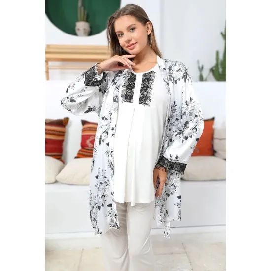 Mommysh 55711 Kadın Lohusa Saten Sabahlıklı Pijama Takımı resmi