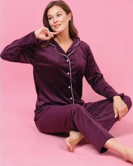 Good Night 2550-6 Kadın Kadife Önden Düğmeli Pijama Takımı resmi
