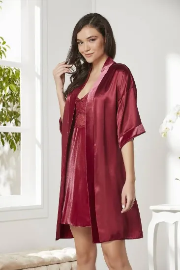 Pierre Cardin 4045 Kadife Saten Dantelli Gecelik ve Sabahlık Takımı resmi