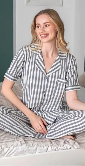 Alissa 6256 Kadın Çizgili Patlı Pijama Takımı resmi