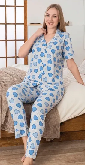Alissa 6275 Kadın Mavi Kalp Desenli Patlı Pijama Takımı resmi