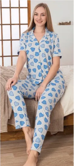 Alissa 6275 Kadın Mavi Kalp Desenli Patlı Pijama Takımı resmi
