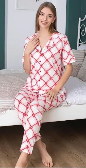Alissa 6237 Kadın Pembe Desenli Patlı Pijama Takımı resmi