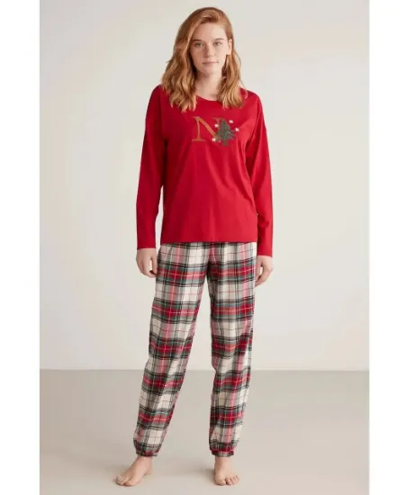 Nautıca W606 Kadın Uzun Kollu Ekoseli Pijama Takımı resmi