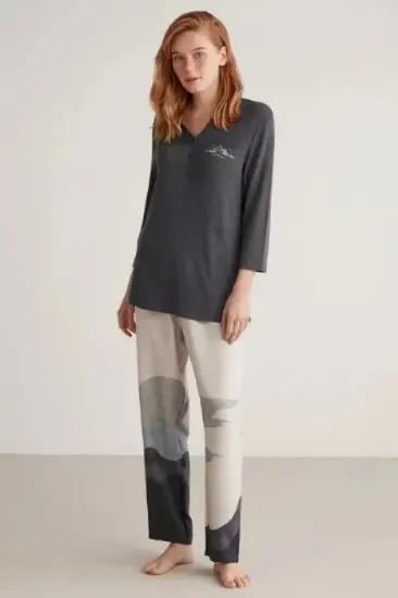 Nautıca W604 Kadın Patlı V Yaka Uzun Kollu Pijama Takımı resmi