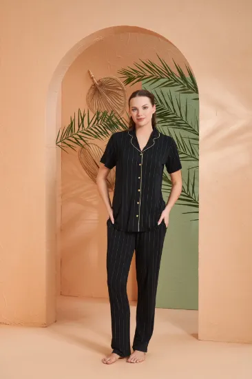 Pjs 27042 Kadın Kısa Kol Çizgili Önü Düğmeli Pijama Takımı resmi