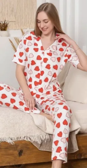 Alissa 6295 Kadın Kalp Desenli Patlı Pijama Takımı resmi