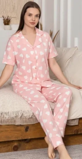 Alissa 6305 Kadın Kalp Desenli Patlı Pijama Takımı resmi