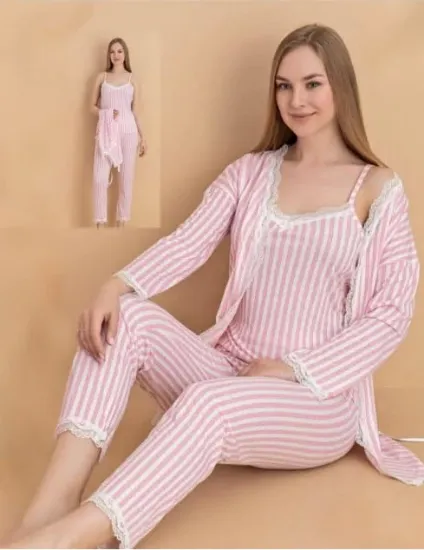 Stil Moda 6064 Kadın Çizgili Askılı Sabahlıklı Pijama Takımı resmi