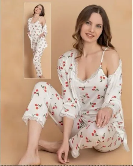 Stil Moda 7046 Kadın Kirazlı Askılı Sabahlıklı Pijama Takımı resmi